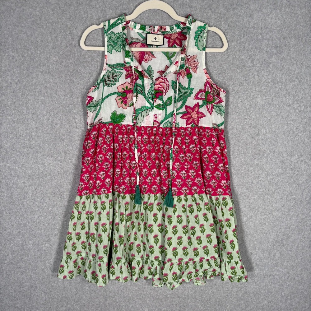 TuckerNuck Salty Paloma Watermelon Bloom Tiered Dress XS Pink Green Cover Up